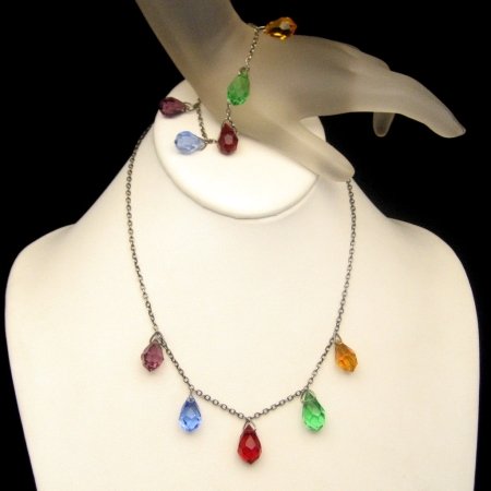 ART DECO Vintage STERLING Silver Necklace Bracelet Set Colored Briolette Dangles