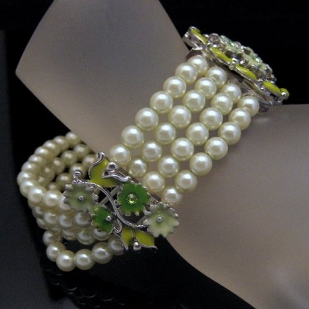 Vintage Bracelet 4 Strands Faux Pearls Enamel Rhinestones