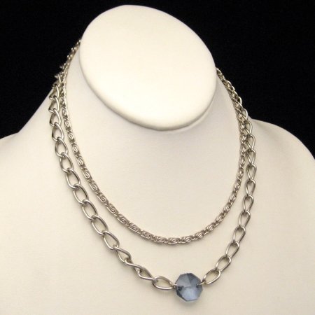 Vintage Two Strand Scroll Chain Necklace Blue Stone
