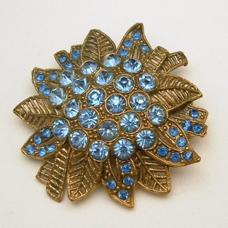 LITTLE NEMO L/N Large Vintage Flower Brooch Pin Blue Rhinestones