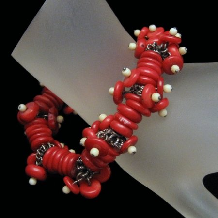 Vintage Chunky Cha Cha Bracelet Red Coral Beads Dangles