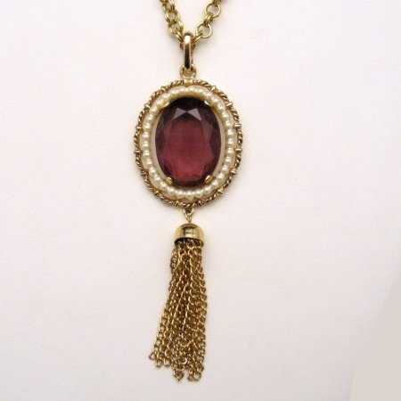 AVON Vintage Long Necklace Purple Glass Faux Pearls Tassels