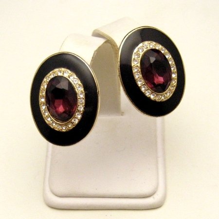 Vintage Clip Earrings Black Enamel Purple Glass Rhinestones
