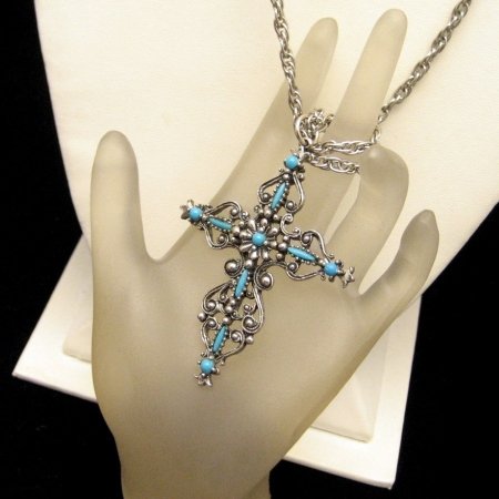 ROMA Vintage Large Cross Necklace Filigree Aqua Glass