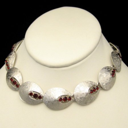 Signed ART Vintage Necklace Choker Red Rhinestones Link