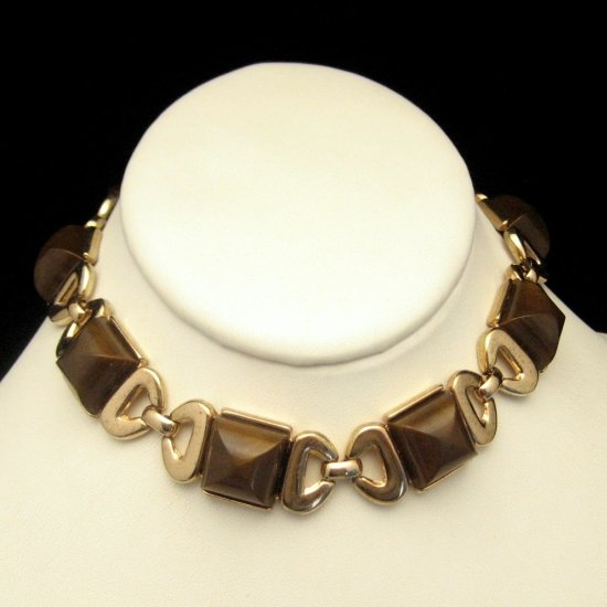 Signed TRIFARI Vintage Choker Necklace Bows Brown Squares