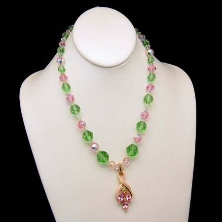 TRIFARI Vintage Pendant Pink Green Enamel Crystal Necklace
