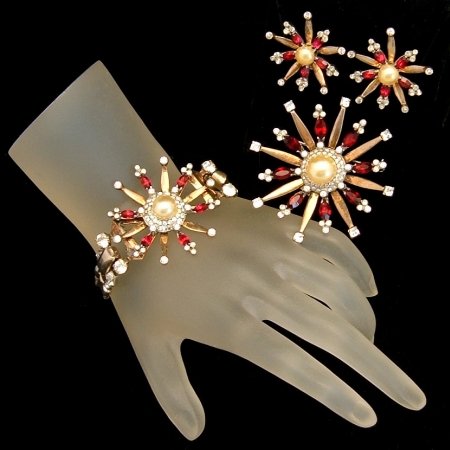 MAZER STERLING BOOK PIECE Starburst Bracelet 3 Pc Set Red Rhinestones