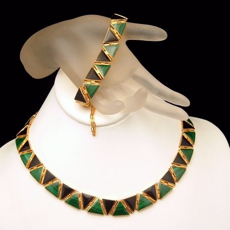 Vintage 950 980 Silver Gold Vermeil Onyx Malachite Necklace Bracelet Set