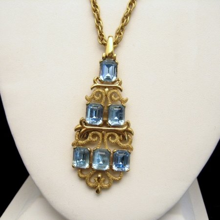CROWN TRIFARI Vintage Necklace Large Pendant Step Cut Glass Blue Rhinestones
