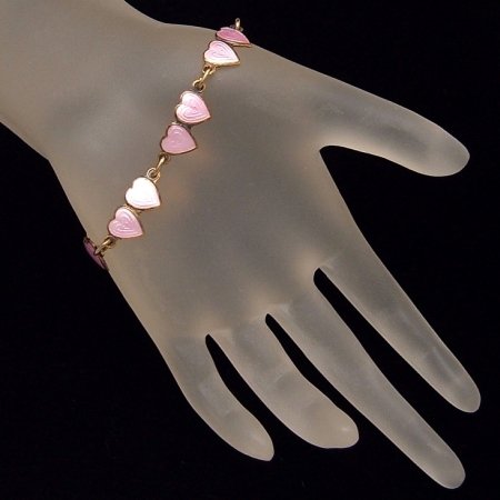 FINN JENSEN NORWAY Sterling Silver Gold Vermeil Vintage Bracelet Pink Guilloche Enamel Hearts SMALL