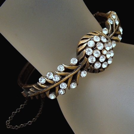 Vintage Rhinestone Bangle Bracelet Floral Bronzed Look