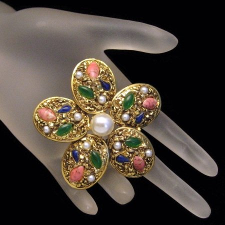FLORENZA Vintage Flower Brooch Pin Art Glass Faux Pearls