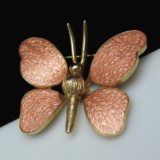 Vintage Butterfly Brooch Pin Pretty Pink Guilloche Enamel