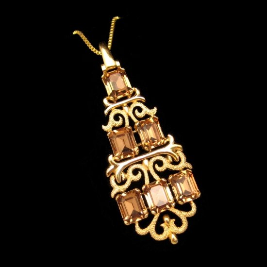 CROWN TRIFARI Vintage Necklace Large Pendant Step Cut Glass Topaz Rhinestones