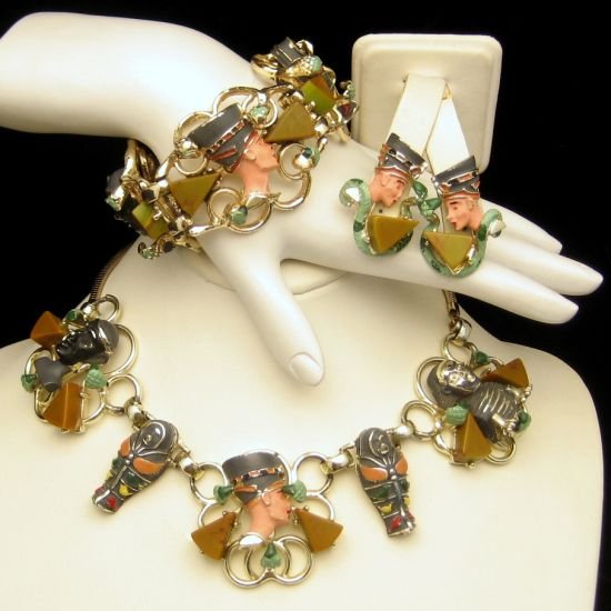 Vintage Necklace Bracelet Earrings Egyptian Revival Enamel Bakelite