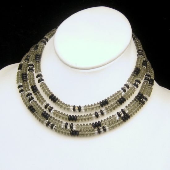 GERMANY Vintage Glass Beads Necklace Mid Century Gray Black Clear 4 Multi Strands Chunky