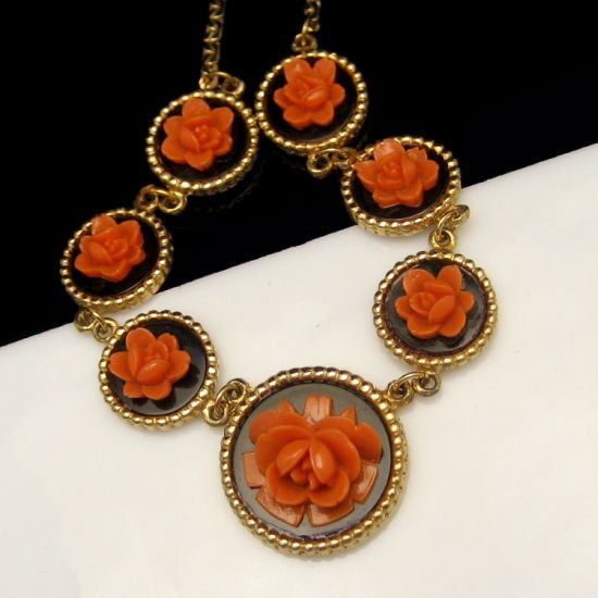 Vintage Necklace 1950s Black Glass Discs Orange Flowers