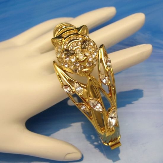 TRIFARI Tiger Bangle Bracelet Pave Set Rhinestones Gray Marquise Eyes