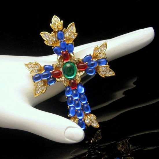 TRIFARI Large Cross Brooch Pin Pendant Blue Red Green Glass Stones, Dated