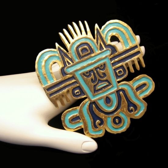 Vintage CROWN TRIFARI Large Blue Green Enamel Tribal Mask Brooch Pin Pendant