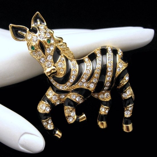 TRIFARI Safari Zebra Brooch Pin Enamel Rhinestones Mint In Box