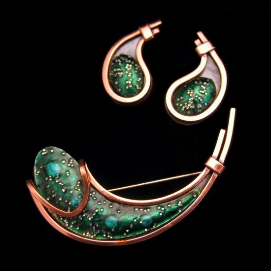 MATISSE RENOIR Vintage Copper Modernist Fish Brooch Pin Earring
