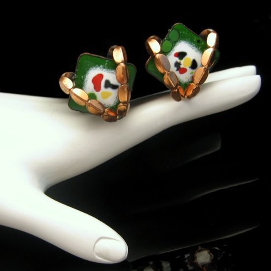 RENOIR MATISSE Vintage Green White Enamel Copper Clip Earrings