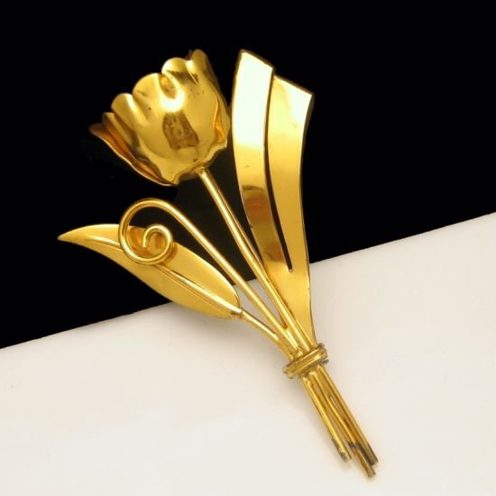 CORO STERLING CRAFT Vermeil Vintage Flower Tulip Brooch Pin