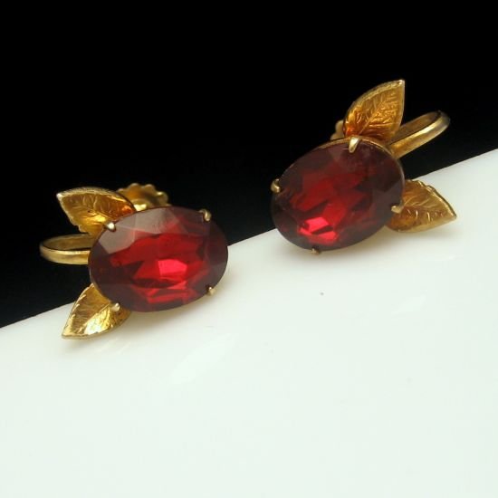 Vintage Early CORO Large Red Glass Rhinestone Leaf Earrings