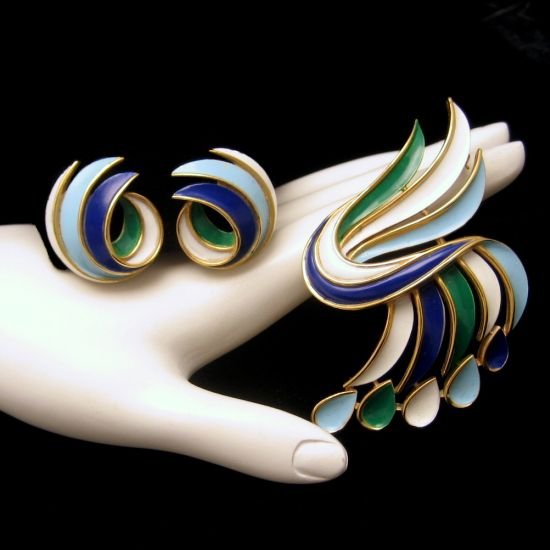CROWN TRIFARI Vintage Brooch Pin Earrings Blue Green Enamel Swirls