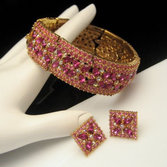 Pink Rhinestone Vintage Bracelet Earrings Set Aurora Borealis AB