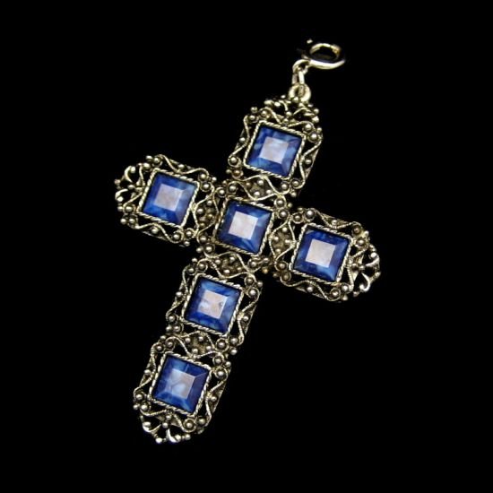 Vintage Reversible Cross Pendant Filigree Large Blue Stones