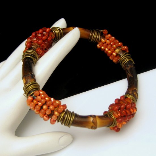 Vintage Wood Bangle Bracelet Brown Bamboo Orange Glass Seed Beads