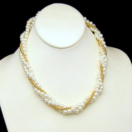 Vintage 3 Strand Torsade Necklace Glamorous Faux Pearls Goldtone Beads