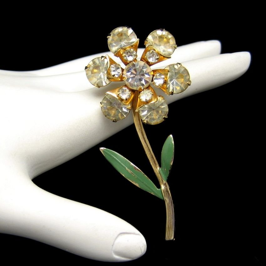 Vintage Flower Brooch Pin Mid Century Yellow Glass Green Enamel Large Retro Pretty
