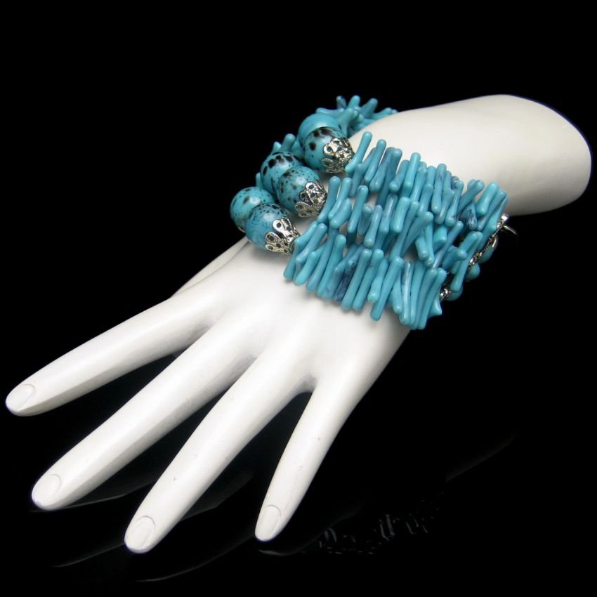 Vintage Faux Turquoise Beads Bracelet Mid Century 3 Strands Chunky Large Wrist Unique Design