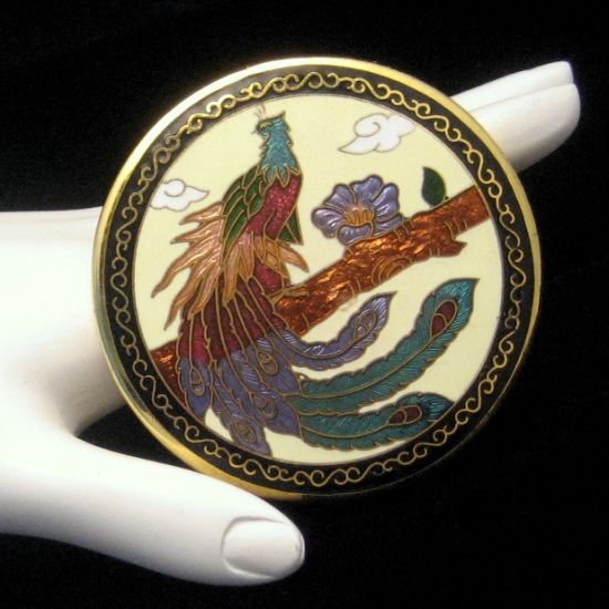 Vintage Peacock Purse Hand Mirror Mid Century Black Cloisonne Enamel Large Tan Green