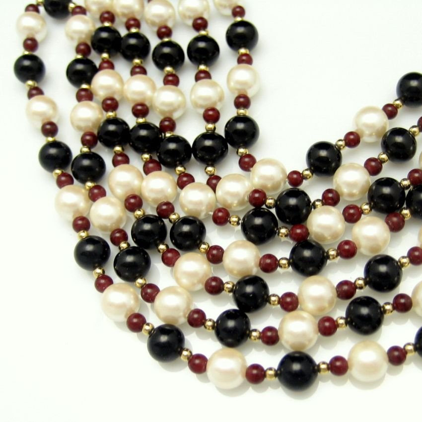 Mid Century Necklace Bracelet Vintage Red Black Faux Pearl Glass Beads 3 Multi Strands