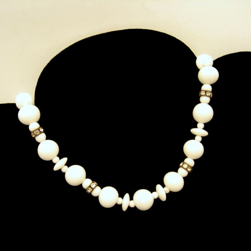 Vintage Choker Necklace Mid Century Large Milk Glass White Beads Rhinestone Chunky Statement
