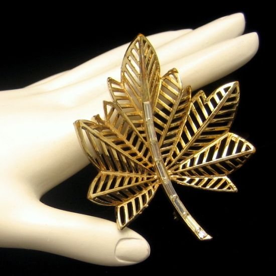 Early CORO Vintage Brooch Pin Mid Century Large Canada Maple Leaf Baguette Rhinestones Open