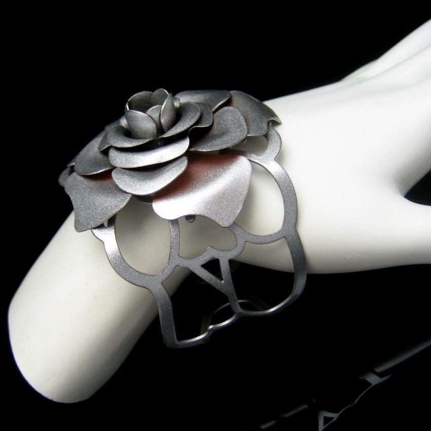 Vintage Large Rose Cuff Bracelet Mid Century Extra Wide Silver Plated Open Sides Small Wrist