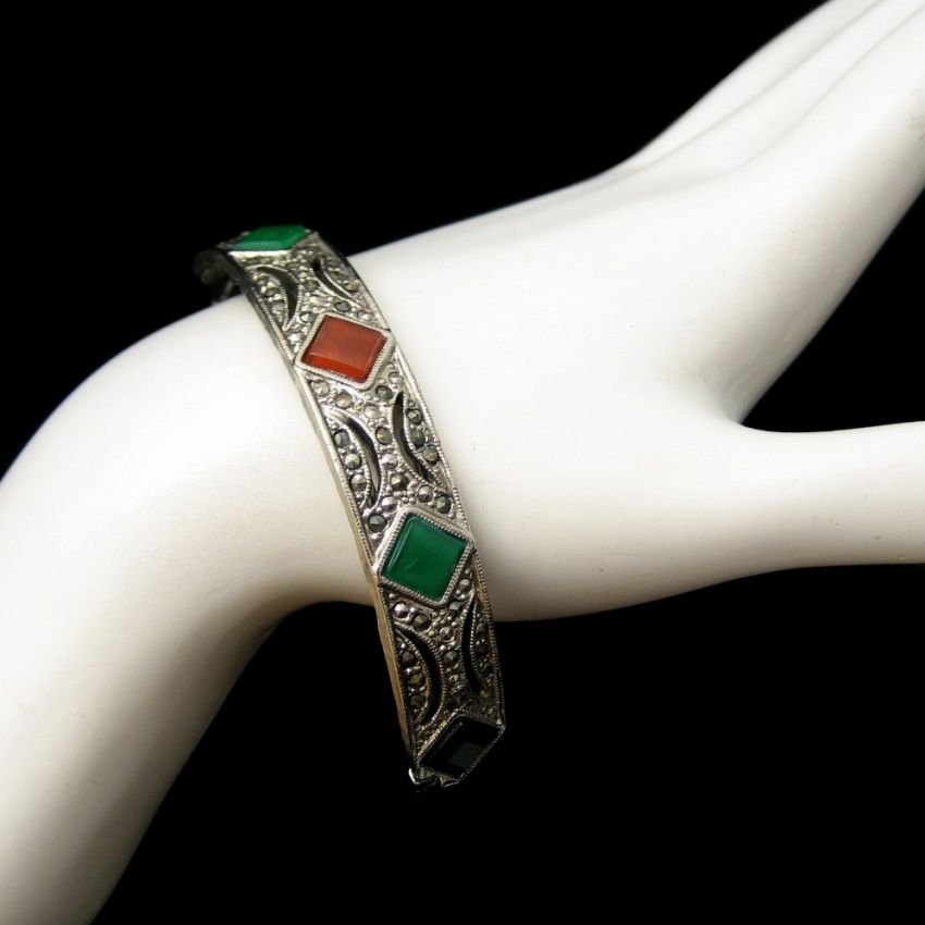 Vintage Bangle Bracelet Mid Century Faux Gemstones Marcasites Hinged Green Orange Black