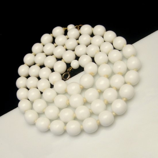 Vintage Milk Glass Necklace Mid Century Knotted White Beads Long Large 10mm 31 inches