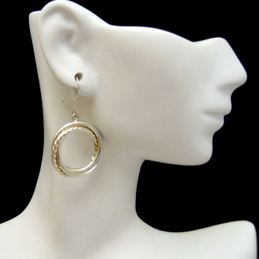 925 Sterling Silver Vintage Beaded Circle Dangle Earrings Very Unique Pierced
