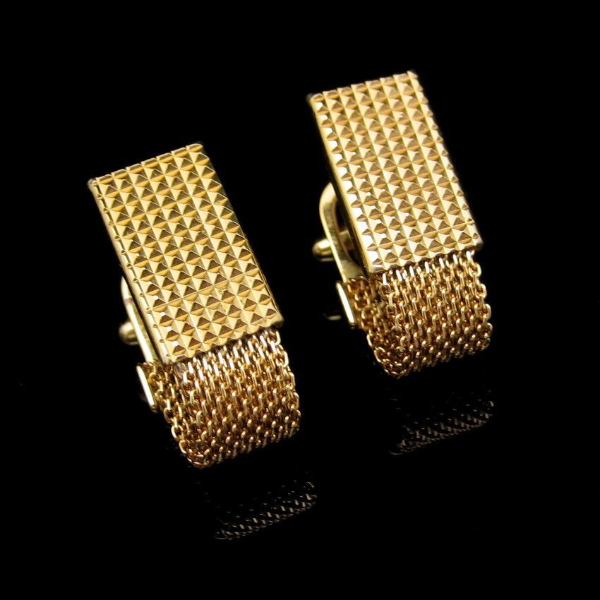 Vintage Mens Cuff Links Cufflinks Mid Century Gold Plated Mesh Faceted Textured Patented
