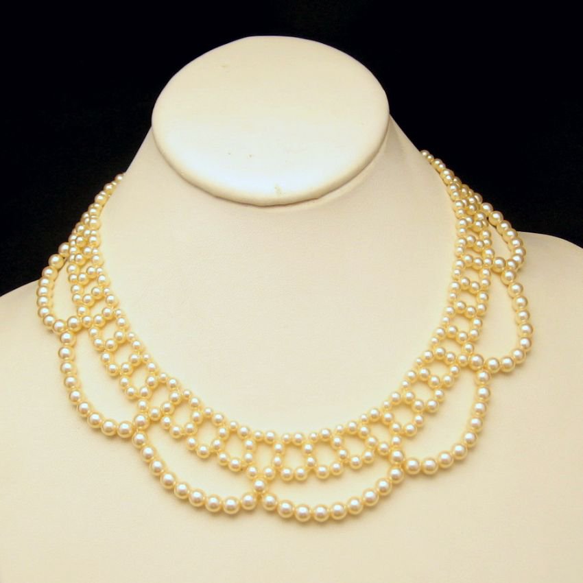Vintage Faux Pearls Necklace Mid Century Lacy Collar Style Adjustable Length Pretty