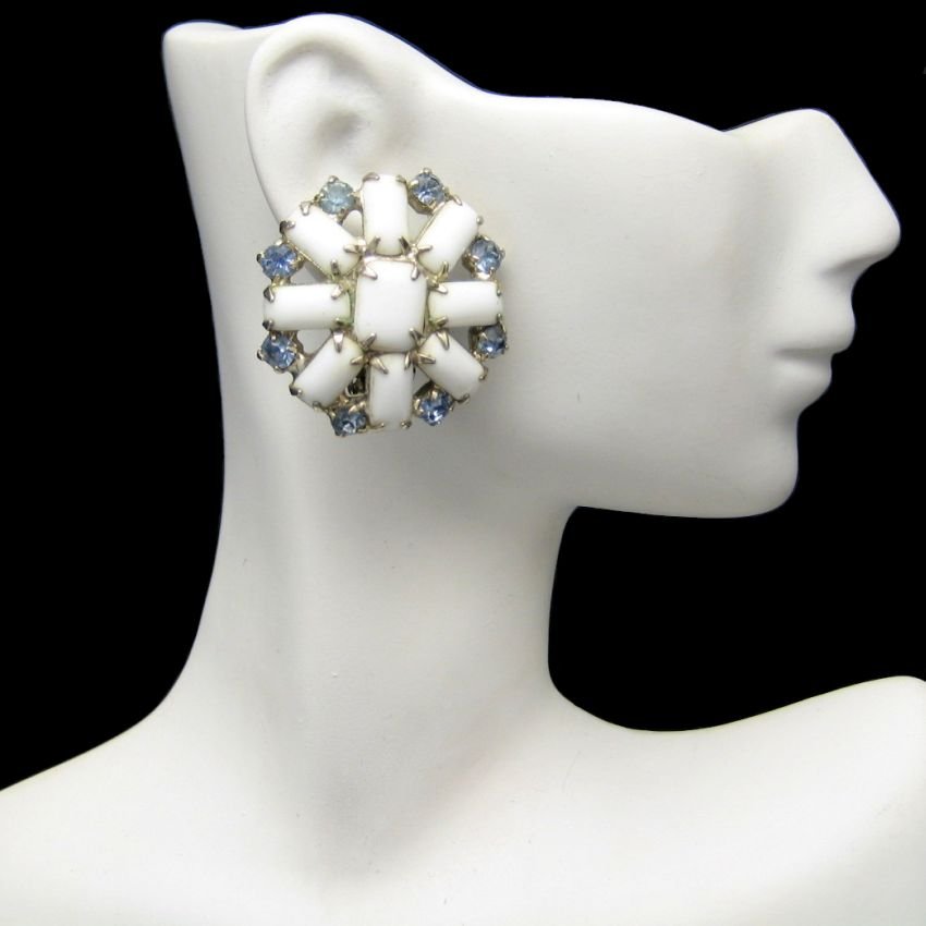 Vintage Large Milk Glass Clip Earrings Mid Century Blue Rhinestones Flowers Chunky Large