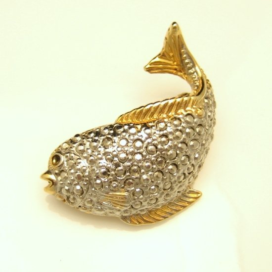 Vintage Fish Brooch Pin Pendant Mid Century Two Tone Beaded Silvertone Goldtone Trim