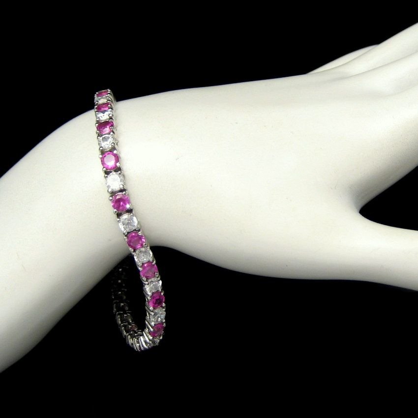 Vintage Tennis Bracelet 925 Sterling Silver Pink Clear Sparkling CZ Stones
